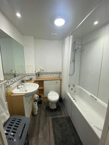 ein Badezimmer mit einem WC, einer Badewanne und einem Waschbecken in der Unterkunft Duloch Bridge View in Dunfermline