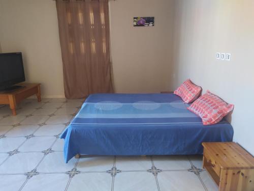 a bedroom with a blue bed and a television at Bel appartement in El Kala