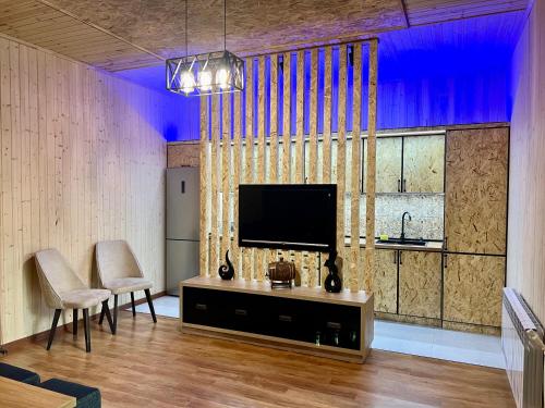 a living room with a flat screen tv and chairs at Milenium magic villas on Sevan beach in Sevan