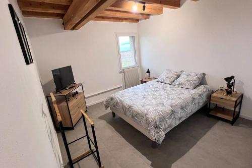 ein Schlafzimmer mit einem Bett und einem TV in der Unterkunft Appartement au pied des Vignes in Vosne-Romanée