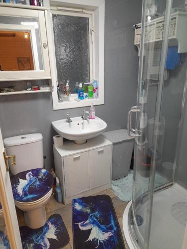uma casa de banho com um WC, um lavatório e um chuveiro em Bastolino em Newtongrange