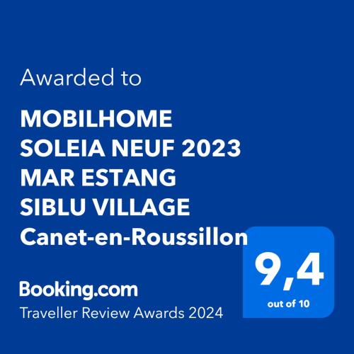 a blue poster with the words molestation salua neû marestation sterling at MOBILHOME SOLEIA NEUF 2023 MAR ESTANG SIBLU VILLAGE Canet-en-Roussillon in Canet-en-Roussillon