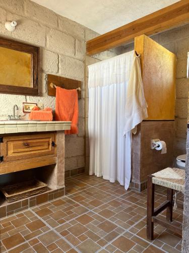uma casa de banho com um lavatório e um chuveiro em Cabañas Jassí em Querétaro
