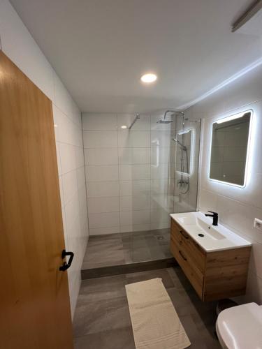 uma casa de banho com um lavatório e um chuveiro em Cara Apartments em Warmbad Villach