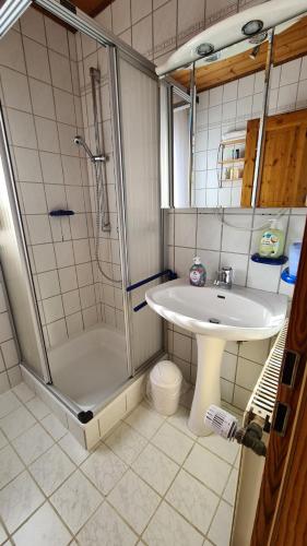 a bathroom with a sink and a shower at Ferienwohnung Hanne in Netphen