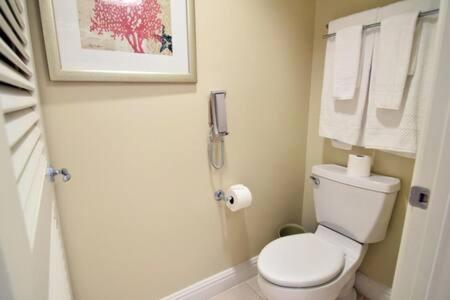 a bathroom with a toilet and a picture on the wall at The Palms, Ocean View Studio Located at Ritz Carlton - Key Biscayne in Miami