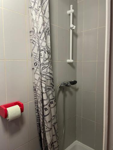 een douche met een douchegordijn in de badkamer bij STUDIO LE HAVRE PLAGE in Le Havre