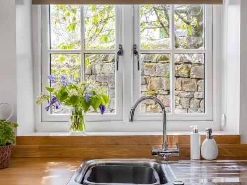 eine Küchenspüle mit einem Fenster und einer Vase aus Blumen in der Unterkunft Cherry Cottage - Uk46357 in Grantley