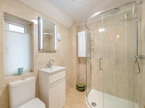 a bathroom with a shower and a toilet and a sink at The Roddy House in West Bay
