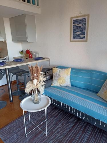 un salon avec un canapé bleu et une table dans l'établissement Bandol - 