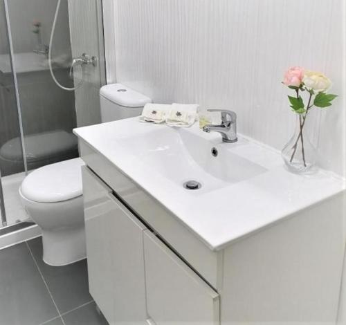 La salle de bains blanche est pourvue d'un lavabo et de toilettes. dans l'établissement LOFT FORUM BRAGA 1, à Braga