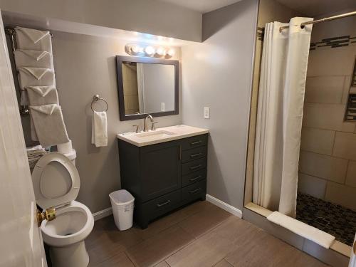 a bathroom with a sink and a toilet and a mirror at Eden Roc Apartments in Ocean City