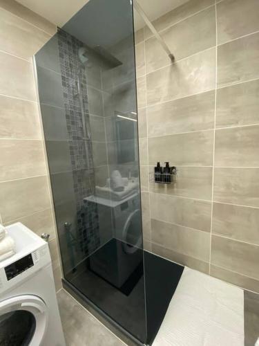 une douche dans une salle de bain avec machine à laver dans l'établissement T2 - Secteur Pech David - Wifi - Climatisation, à Toulouse