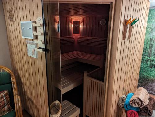 a walk in sauna with a glass door at Appartment in der Auszeitoase Freystadt - 2 Zimmer, Billard, Sauna, Terrasse, Garten, Ladestation, nahe an Messe Nürnberg in Freystadt