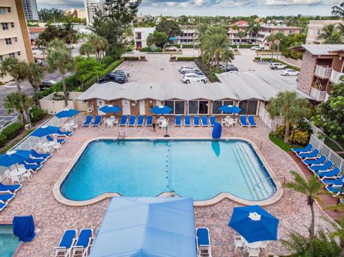 an overhead view of a swimming pool with chairs and umbrellas at Canada House Beach Club Resort in Pompano Beach