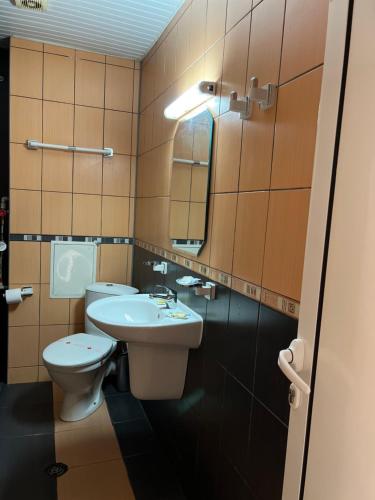 a bathroom with a toilet and a sink and a mirror at Hotel Han Krum in Targovishte