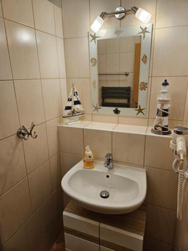 een badkamer met een wastafel en een spiegel bij Ferienwohnung Ostsee und Strand 1 in Ribnitz-Damgarten