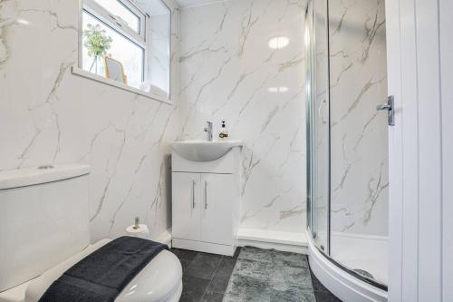uma casa de banho com um WC, um lavatório e um chuveiro em Stylish & Vibrant 2 BR Retreat Manchester em Manchester