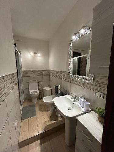 a bathroom with a sink and a toilet and a mirror at Casa delle farfalle in Alberoro