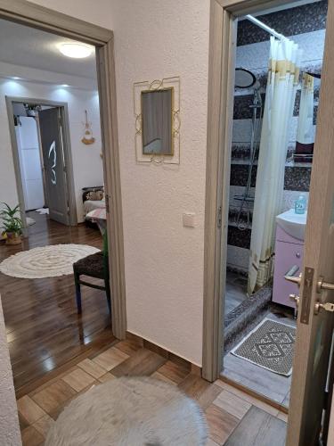 a hallway with a door leading into a room at Apartament Cozy in Mediaş