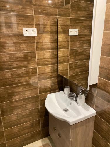 La salle de bains est pourvue d'un lavabo et d'un miroir. dans l'établissement Pompa Villa, à Galyatető