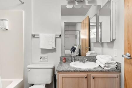 a bathroom with a sink and a toilet and a mirror at TWO Indy Modern Apartments by CozySuites in Indianapolis