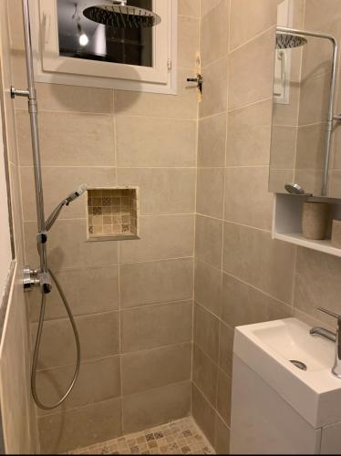 une salle de bain avec douche et lavabo dans l'établissement Joli studio coeur Montmartre 3F, à Paris