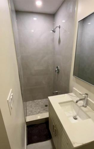 uma casa de banho com um chuveiro, um lavatório e um espelho. em 1 Bedroom with attached/private bathroom em Brampton