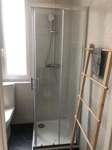 une douche avec une porte vitrée dans une salle de bain dans l'établissement Charmette, à Dijon