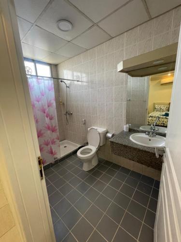 een badkamer met een toilet, een wastafel en een douche bij Kolo's Mayfair private apartments in Dar es Salaam