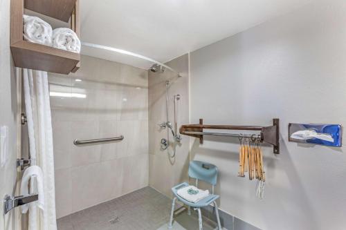 a bathroom with a shower and a blue chair at Best Western Sunland Park in El Paso