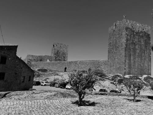 a black and white photo of a castle with two trees at Recanto da Pedra in Linhares
