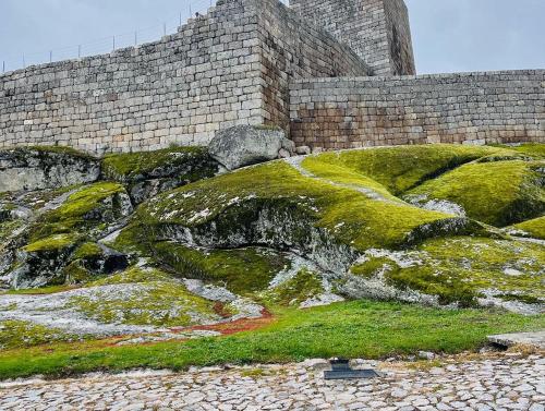 a large moss covered rock with a brick wall at Recanto da Pedra in Linhares