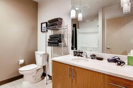 a bathroom with a sink and a toilet and a mirror at Speechless In Seattle - #1 Location - 2BR - Free Parking - VR1 in Seattle