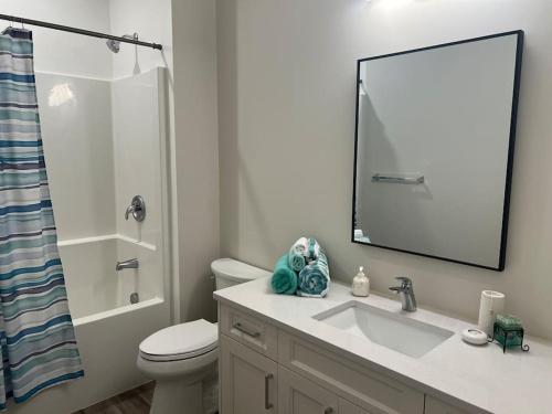 a bathroom with a sink and a toilet and a mirror at Your Cozy Retreat, 2BR suite in Kamloops