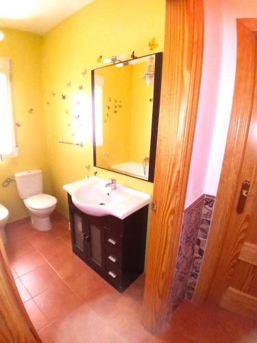 a bathroom with a sink and a toilet and a mirror at El Mirador de Pablo, casa con patio privado in Alomartes