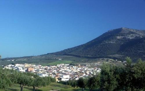 a town on a hill with trees and a mountain at El Mirador de Pablo, casa con patio privado in Alomartes