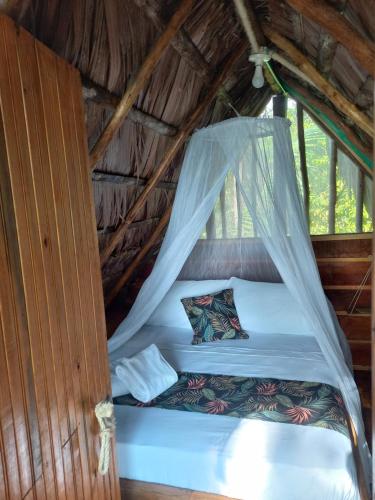 a bed in a cabin with a mosquito net at Cabañas Mangle House in Buenaventura