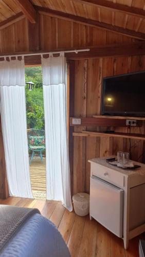 1 dormitorio con 1 cama, TV y ventana en Pousada Vilarejo das Oliveiras, en Queimada