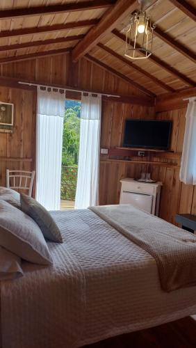 a bedroom with a bed and a television in a room at Pousada Vilarejo das Oliveiras in Queimada