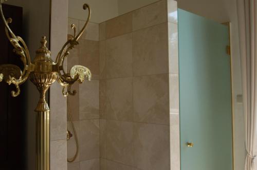 a chandelier in a bathroom next to a shower at Gästehaus Schloss Aschach in Aschach an der Donau