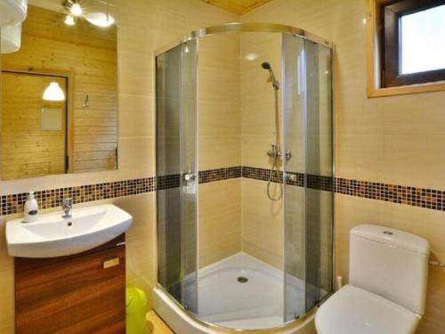 uma casa de banho com um chuveiro, um WC e um lavatório. em Comfortable holiday cottages, Siano ty em Sianozety