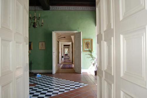 un couloir avec des murs verts et un sol en damier dans l'établissement Gästehaus Schloss Aschach, à Aschach an der Donau