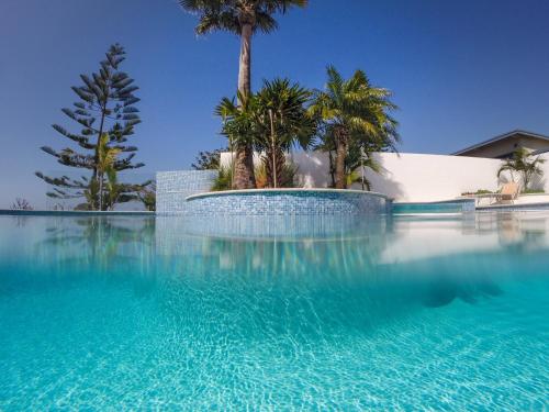 a swimming pool with blue water and palm trees at Casa Del Mare - Farm stay by the ocean in Diamond Beach