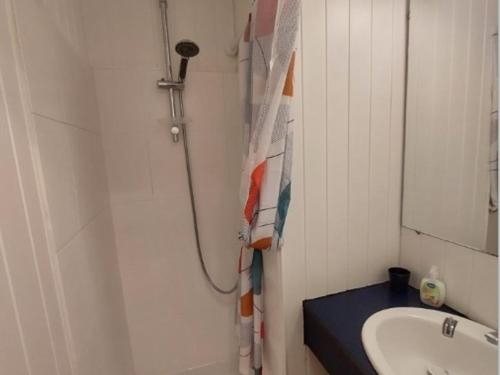 uma casa de banho com um chuveiro e um lavatório. em Studio Argelès-sur-Mer, 1 pièce, 4 personnes - FR-1-776-63 em Foix