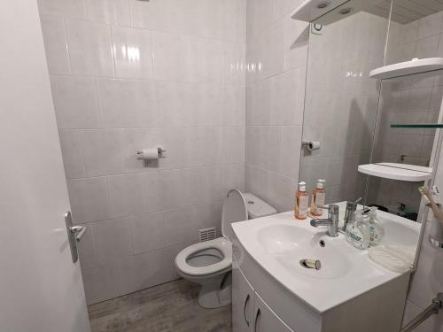 une salle de bain blanche avec un lavabo et des toilettes dans l'établissement Argelès, T2 proche plage avec clim et parking - FR-1-776-37, à Argelès-sur-Mer