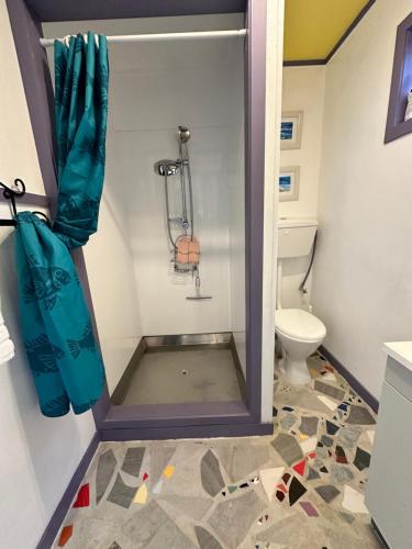 un piccolo bagno con doccia e servizi igienici di Cooks Beach Holiday Home a Cooks Beach