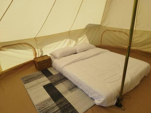 ein kleines Bett in einem Zelt mit einem Teppich in der Unterkunft Banna Cafe & Glamping บ้านนา คาเฟ่ แอนด์ แกรมปิ้ง in Fang