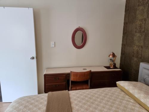 a bedroom with a bed and a dresser and a mirror at Entire ground floor with full-privacy and family-friendly popular to ferry catchers in Wellington