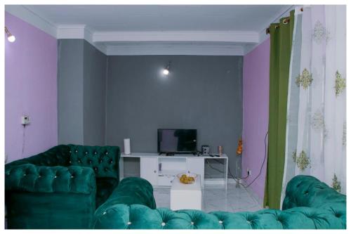 sala de estar con 2 sofás verdes y TV en RÉSIDENCE COLETTE en Bafoussam